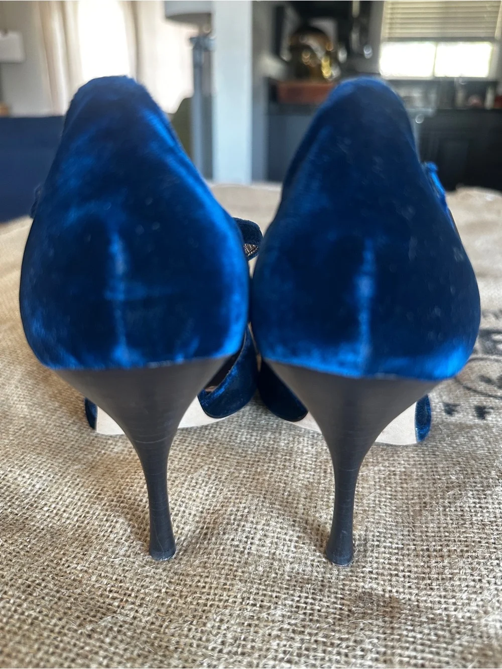 BCBGMaxAzria Royal Blue Velvet Jeweled Peep-Toe Heels